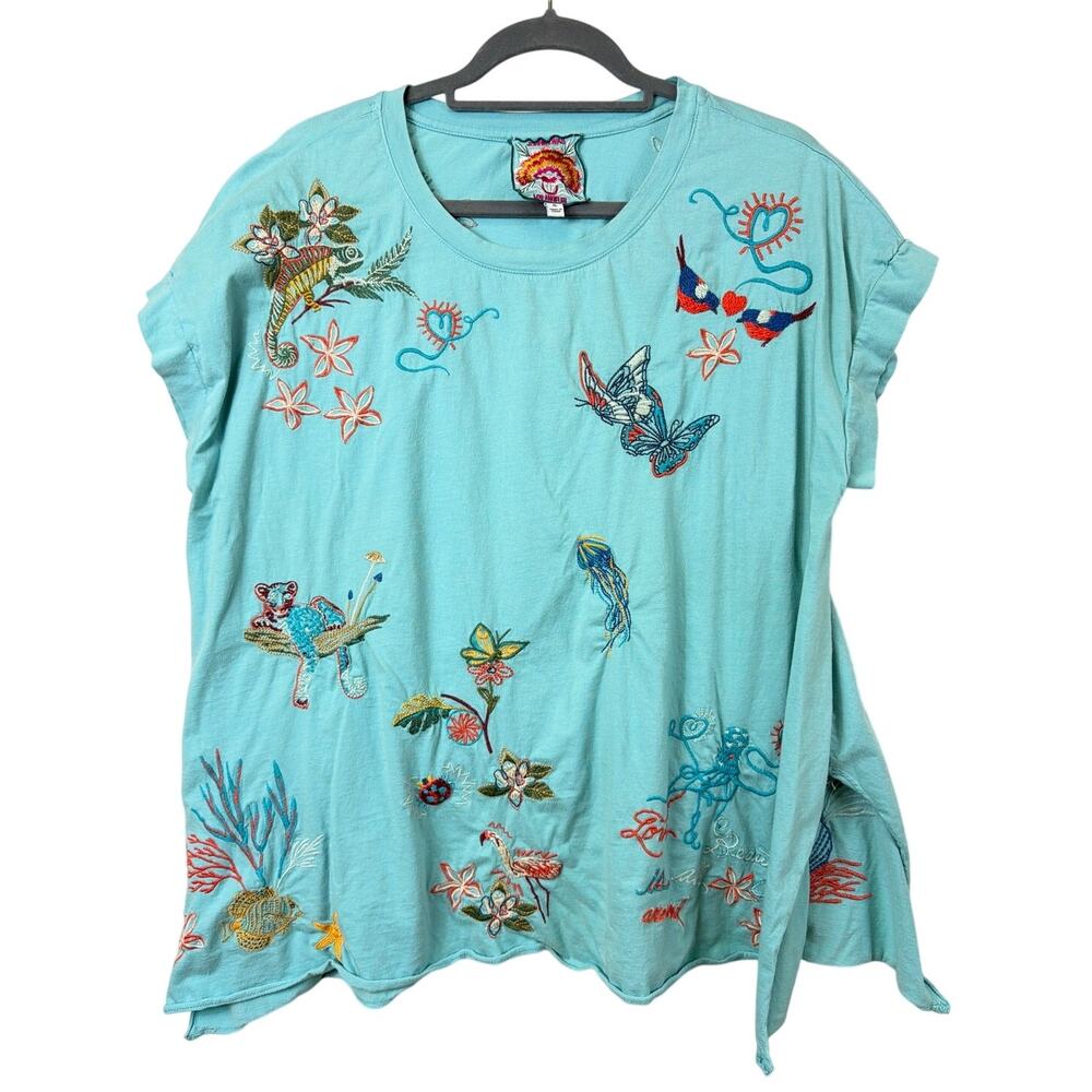 Johnny Was Blue Multicolor Floral Animal Embroidery T-Shirt Size XL